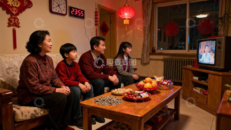 高清大图下载【趣麦麦图】四口之家客厅看电视温馨场景