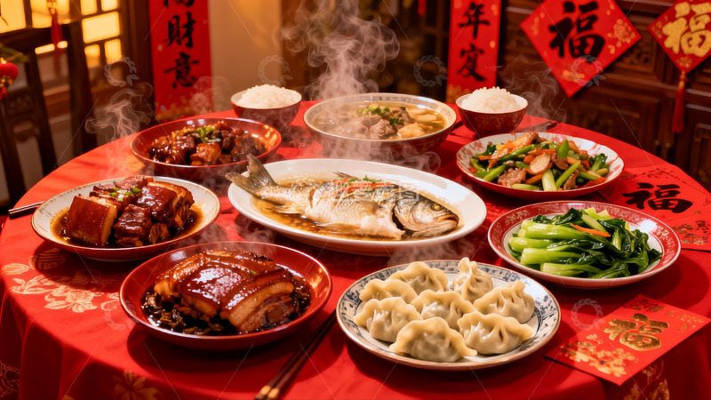 高清大图下载【趣麦麦图】春节团圆饭丰盛菜肴摆满桌