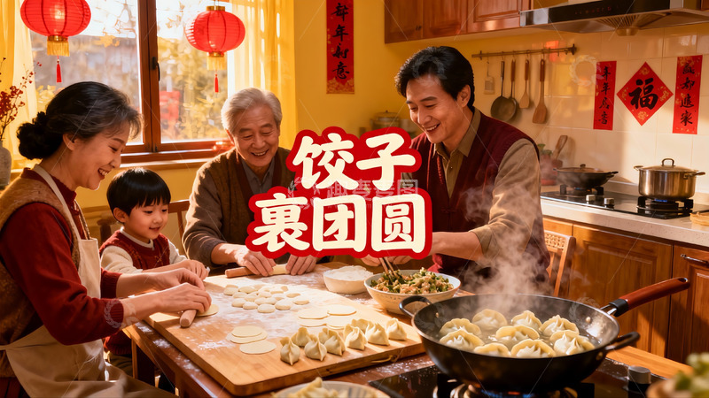 高清大图下载【趣麦麦图】家庭包饺子团圆饭