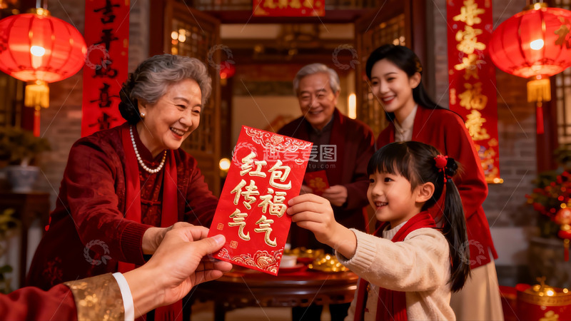 高清大图下载【趣麦麦图】春节家庭红包传递温馨时刻