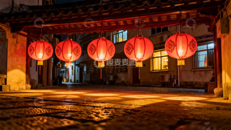 高清大图下载【趣麦麦图】夜巷红灯笼映古街
