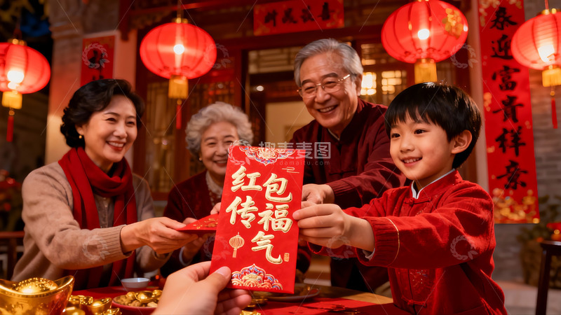 高清大图下载【趣麦麦图】春节家庭团聚红包传递温馨