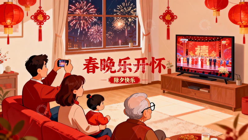 高清大图下载【趣麦麦图】除夕夜家人欢聚看春晚