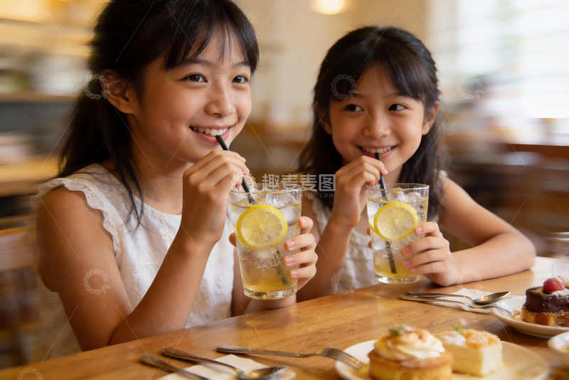 高清大图下载【趣麦麦图】两位女孩在咖啡馆享用饮品甜点