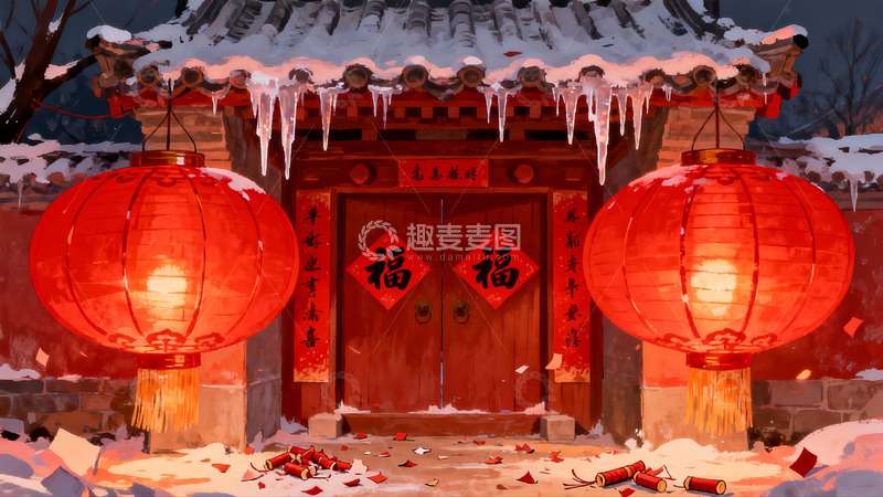 高清大图下载【趣麦麦图】雪夜红灯笼映照古门
