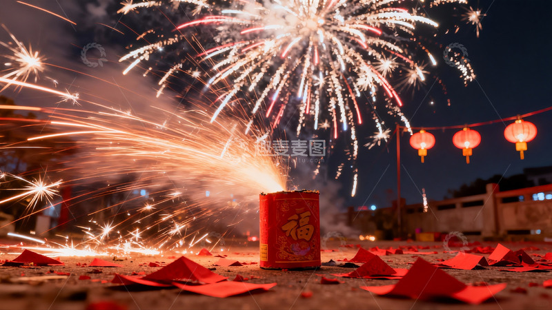 高清大图下载【趣麦麦图】夜空中绽放的烟花与红色纸屑