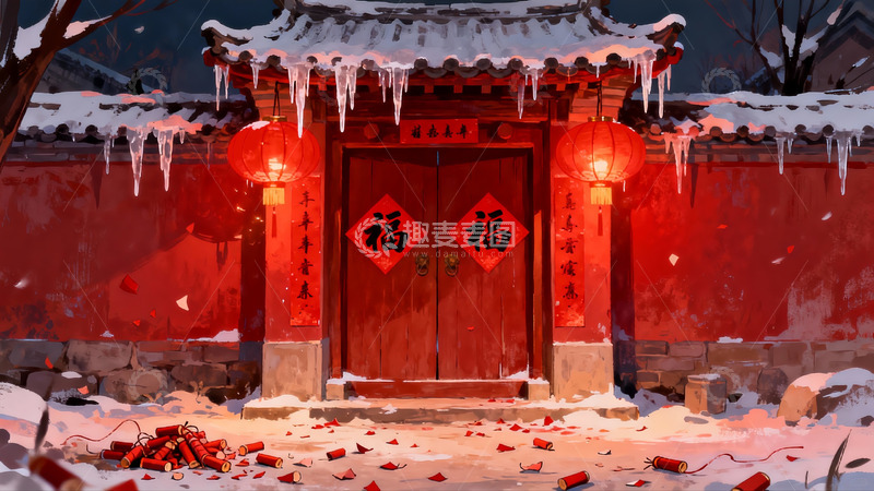 高清大图下载【趣麦麦图】雪夜红门挂灯笼