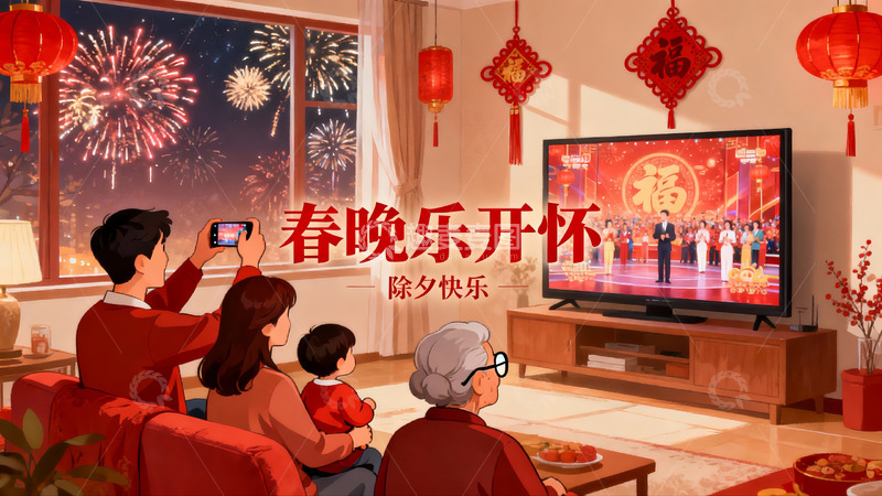 高清大图下载【趣麦麦图】全家除夕夜观看春晚