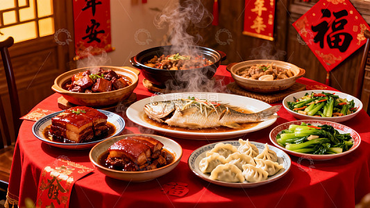 春节团圆饭丰盛菜肴摆满桌