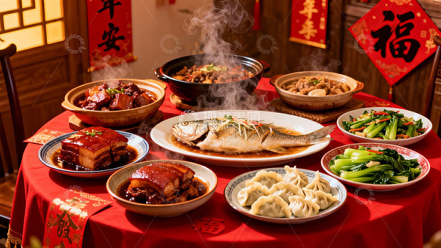 春节团圆饭丰盛菜肴摆满桌