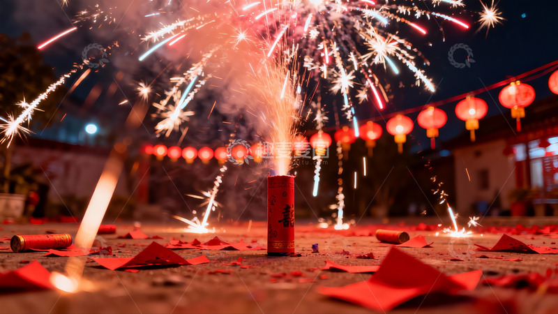 高清大图下载【趣麦麦图】夜空中绽放的烟花与红灯笼