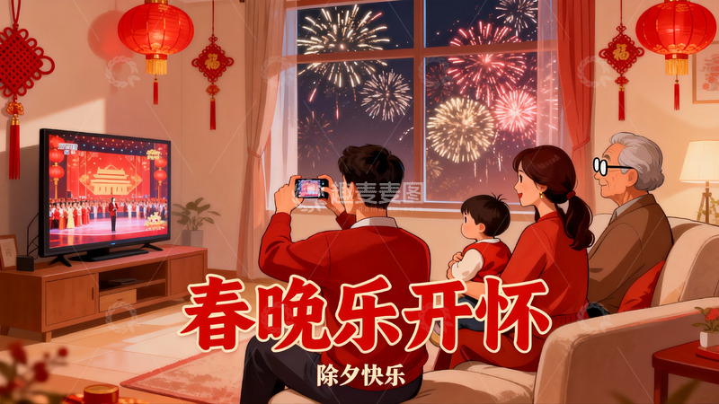 高清大图下载【趣麦麦图】除夕夜家人观看春晚放烟花