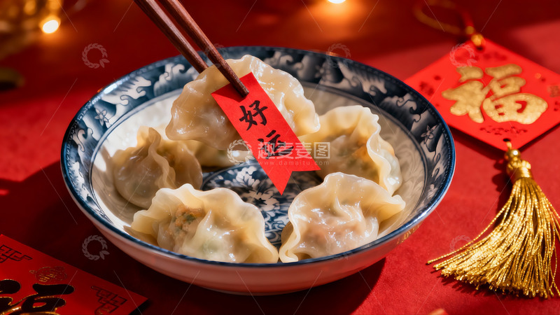 高清大图下载【趣麦麦图】春节饺子好运红福
