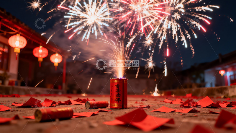 高清大图下载【趣麦麦图】夜空烟花绽放庭院红灯笼