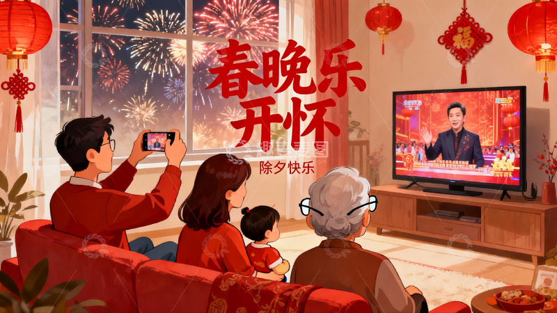 高清大图下载【趣麦麦图】全家除夕夜观看春晚烟花绽放