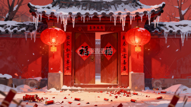 高清大图下载【趣麦麦图】雪中红门挂灯笼春节景象