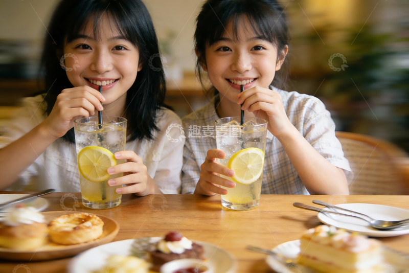 高清大图下载【趣麦麦图】两位女孩共饮柠檬饮品