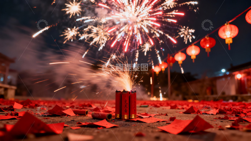 高清大图下载【趣麦麦图】夜空烟花绽放灯笼高挂