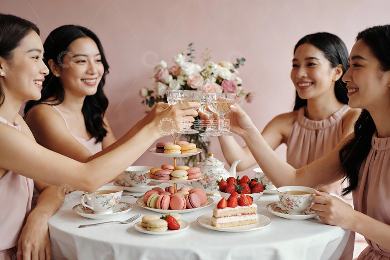 高清大图下载【趣麦麦图】四位女士茶会举杯庆祝