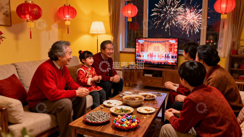 高清大图下载【趣麦麦图】春节家庭团聚观看春晚