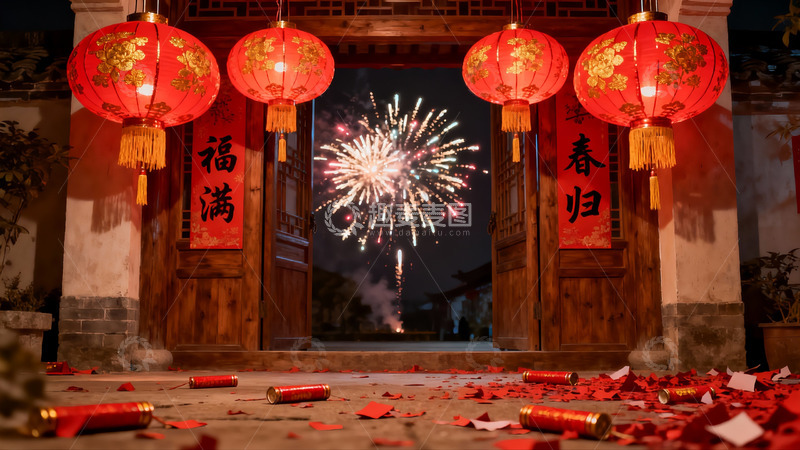 高清大图下载【趣麦麦图】古建筑前烟花绽放红灯笼高挂