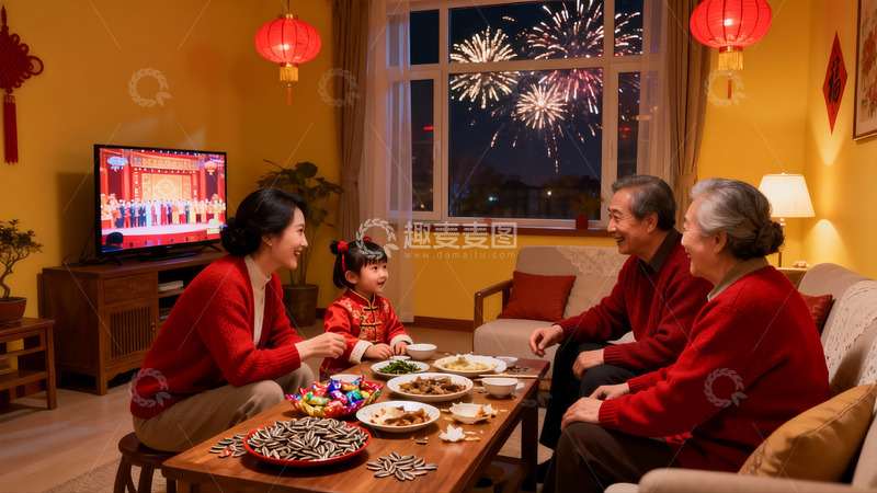 高清大图下载【趣麦麦图】家人围坐客厅看春晚放烟花