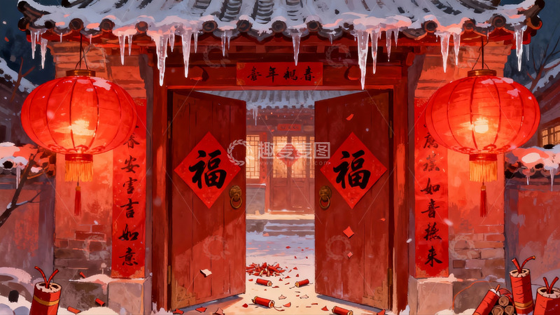 高清大图下载【趣麦麦图】雪夜红门挂灯笼春节场景