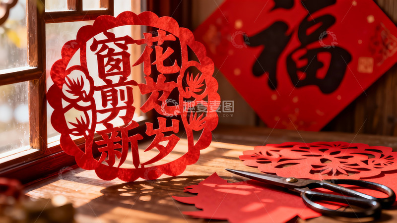 高清大图下载【趣麦麦图】窗前剪纸迎新春
