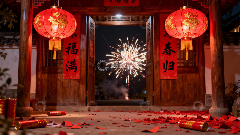 高清大图下载【趣麦麦图】古建筑前夜放烟花庆佳节