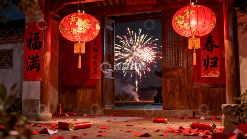 高清大图下载【趣麦麦图】古建筑前烟花绽放夜景