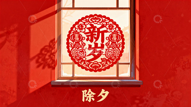 除夕窗贴红剪纸迎新年