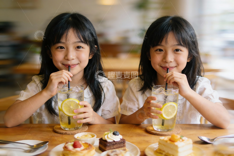 高清大图下载【趣麦麦图】双胞胎女孩咖啡馆喝柠檬水