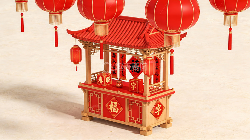 高清大图下载【趣麦麦图】红色灯笼与传统亭子装饰