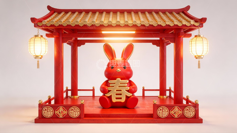 高清大图下载【趣麦麦图】红色兔子坐于传统亭中