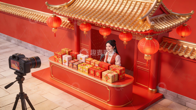 高清大图下载【趣麦麦图】女子在传统建筑前直播销售礼品