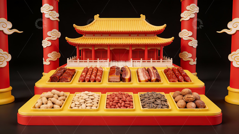 高清大图下载【趣麦麦图】中式建筑前的美食陈列