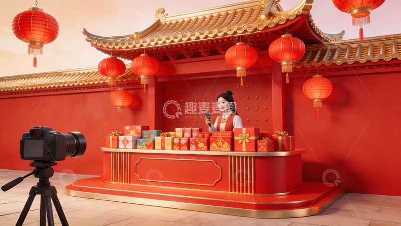 高清大图下载【趣麦麦图】女子在传统建筑前直播销售