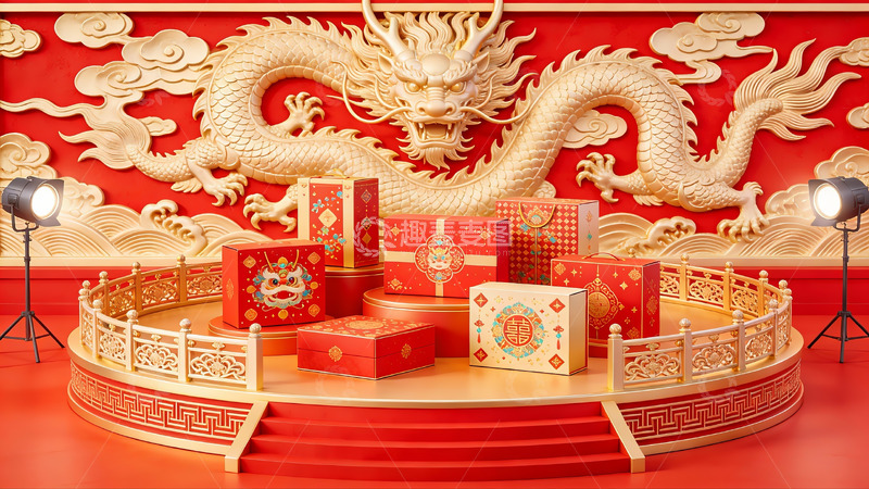 高清大图下载【趣麦麦图】红色龙纹背景下的礼盒陈列
