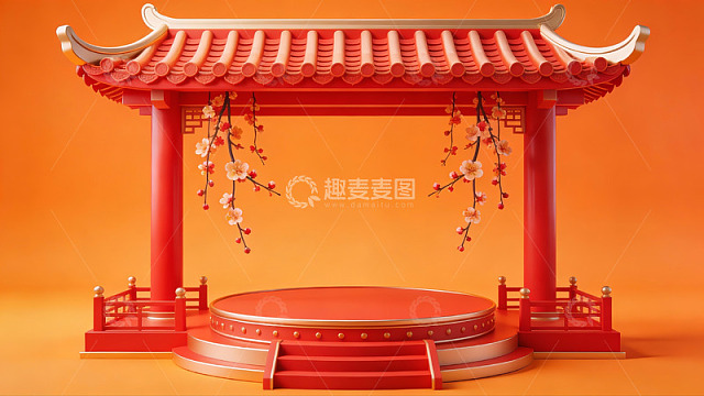 红色中式亭台与梅花装饰