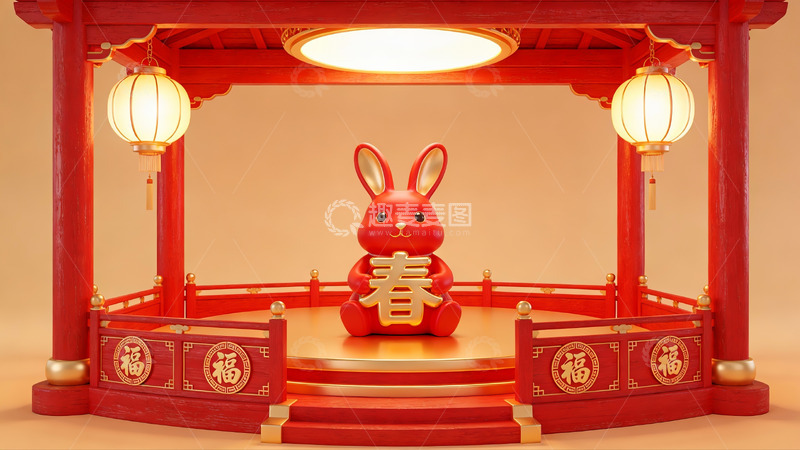 高清大图下载【趣麦麦图】红色兔子坐于传统亭台