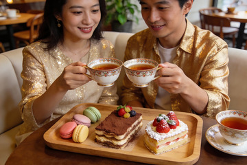 情侣咖啡馆举杯共享甜点