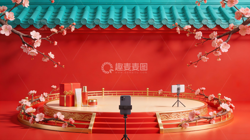 高清大图下载【趣麦麦图】中式舞台布置与樱花装饰
