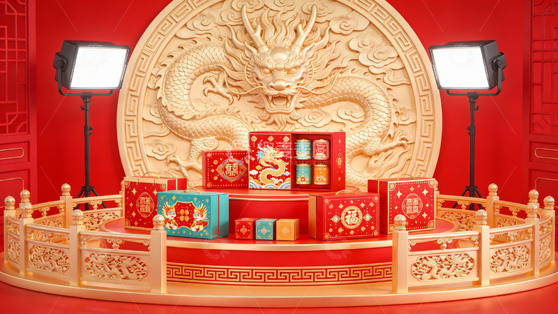 高清大图下载【趣麦麦图】龙纹雕饰与礼盒陈列展示