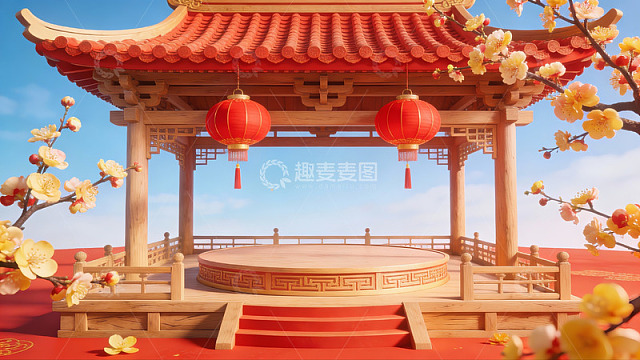 中式亭台与梅花红灯