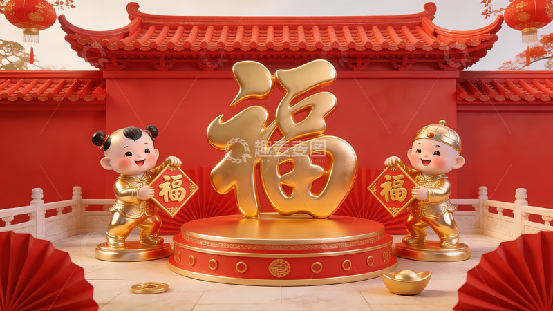 高清大图下载【趣麦麦图】春节福字与童子装饰场景
