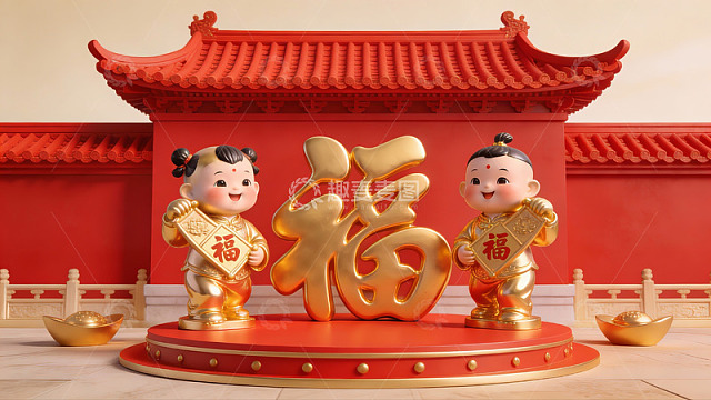 春节福字与童子雕像