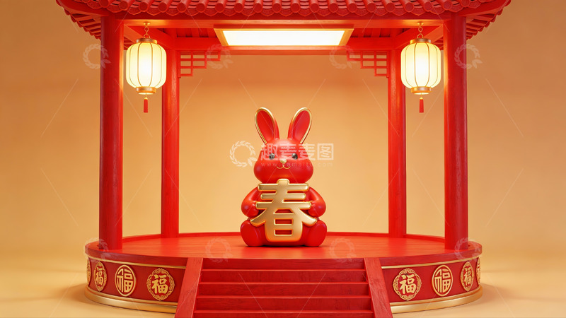 高清大图下载【趣麦麦图】红色兔子雕像置于传统亭台