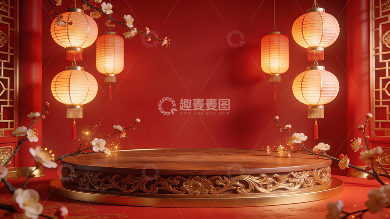 高清大图下载【趣麦麦图】中式红墙灯笼装饰场景