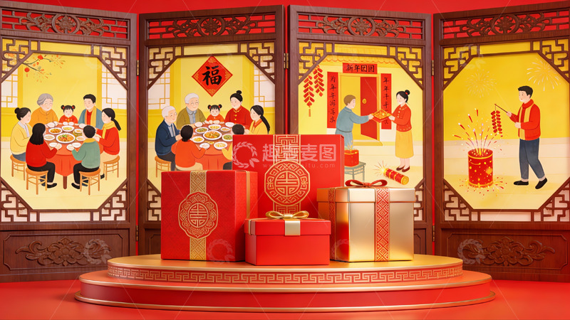 高清大图下载【趣麦麦图】春节家庭团聚与礼物场景