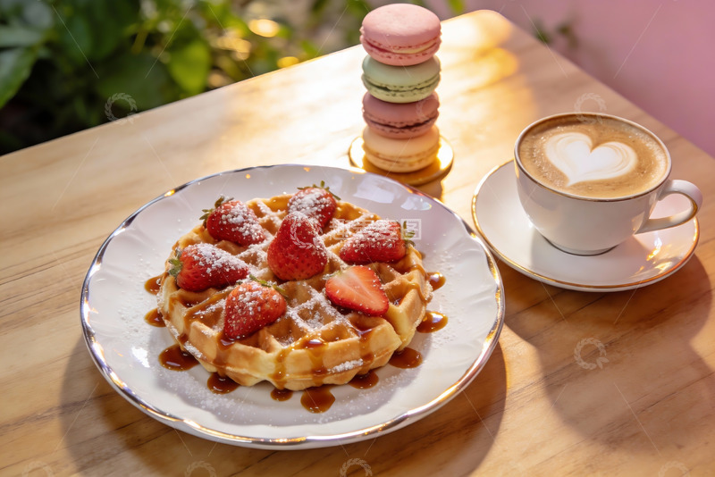 高清大图下载【趣麦麦图】草莓华夫饼配咖啡